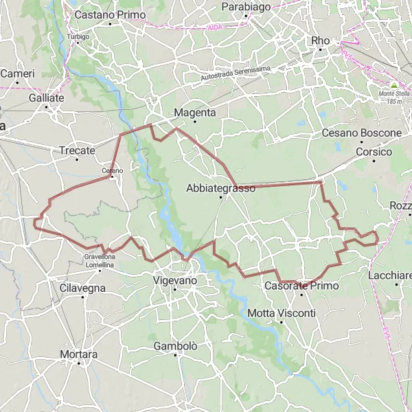Map miniature of "Zibido San Giacomo - Buccella - Terdobbiate - Robecco sul Naviglio - Vermezzo - Tainate" cycling inspiration in Lombardia, Italy. Generated by Tarmacs.app cycling route planner