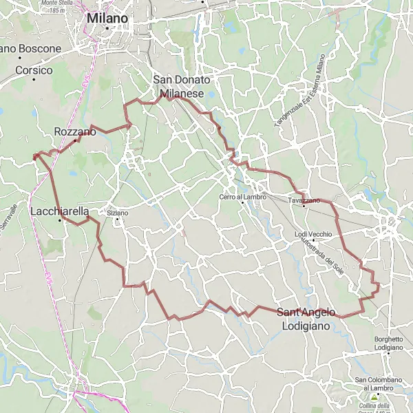 Kartminiatyr av "Graveläventyr i Lombardia till Lacchiarella" cykelinspiration i Lombardia, Italy. Genererad av Tarmacs.app cykelruttplanerare