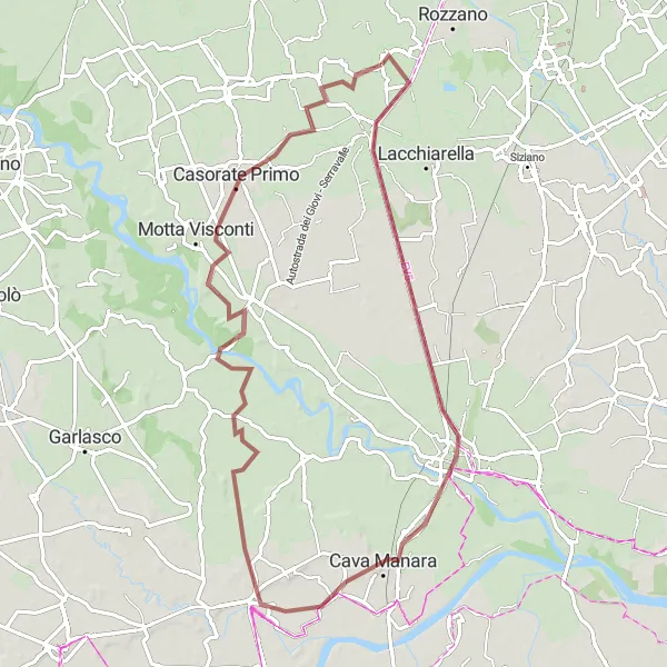 Kartminiatyr av "Grusväg till Zibido San Giacomo" cykelinspiration i Lombardia, Italy. Genererad av Tarmacs.app cykelruttplanerare