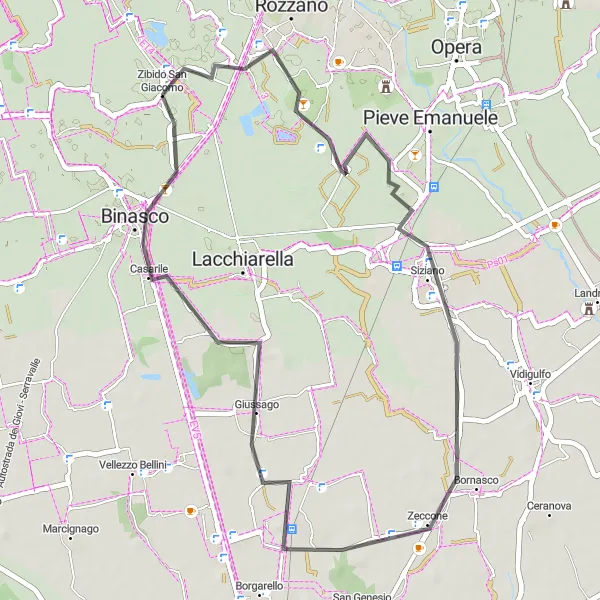 Map miniature of "Zibido San Giacomo - Basiglio - Bornasco - Binasco" cycling inspiration in Lombardia, Italy. Generated by Tarmacs.app cycling route planner