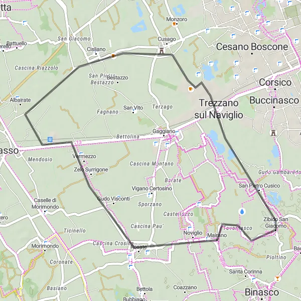 Map miniature of "Zibido San Giacomo - Rosate - Vermezzo - Trezzano sul Naviglio - San Pietro Cusico" cycling inspiration in Lombardia, Italy. Generated by Tarmacs.app cycling route planner