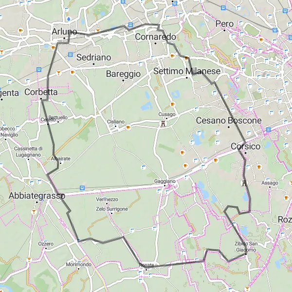 Miniatura della mappa di ispirazione al ciclismo "Giro in Bicicletta su Strada tra Zibido San Giacomo e San Pietro Cusico" nella regione di Lombardia, Italy. Generata da Tarmacs.app, pianificatore di rotte ciclistiche