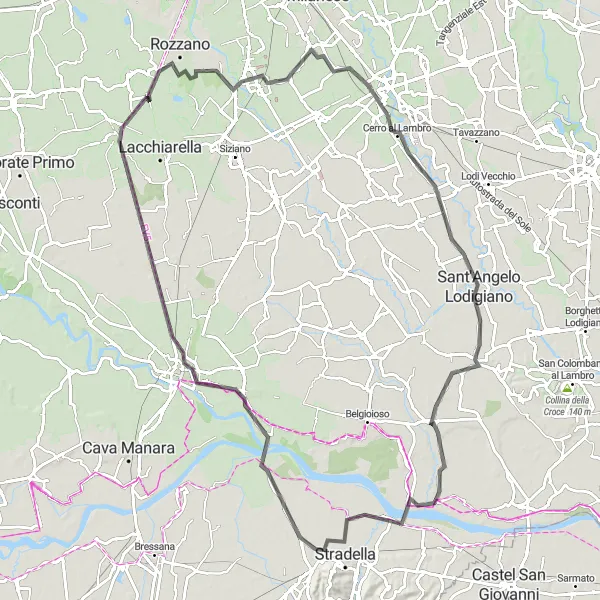 Zemljevid v pomanjšavi "Cikeliranje okoli Zibida San Giacoma" kolesarske inspiracije v Lombardia, Italy. Generirano z načrtovalcem kolesarskih poti Tarmacs.app