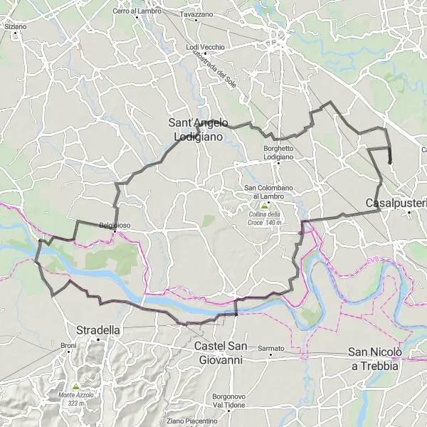 Kartminiatyr av "Långa vägen runt Zorlesco" cykelinspiration i Lombardia, Italy. Genererad av Tarmacs.app cykelruttplanerare