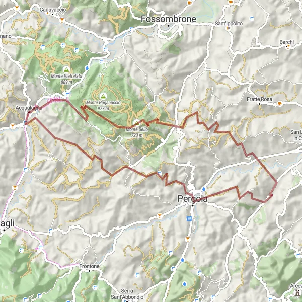 Miniatuurkaart van de fietsinspiratie "Gravelroute naar Monte Bello en Pergola" in Marche, Italy. Gemaakt door de Tarmacs.app fietsrouteplanner