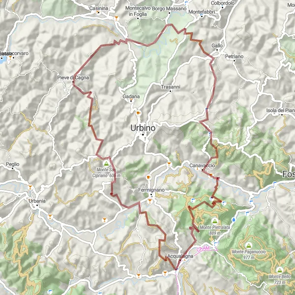 Map miniature of "Scenic Gravel Ride: Monte San Cipriano and Furlo Gorge" cycling inspiration in Marche, Italy. Generated by Tarmacs.app cycling route planner
