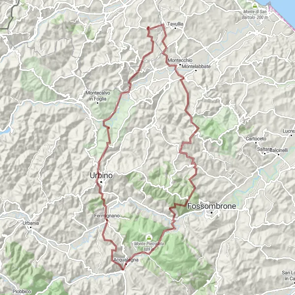 Map miniature of "Gravel Adventure through Urbino and Furlo Gorge" cycling inspiration in Marche, Italy. Generated by Tarmacs.app cycling route planner