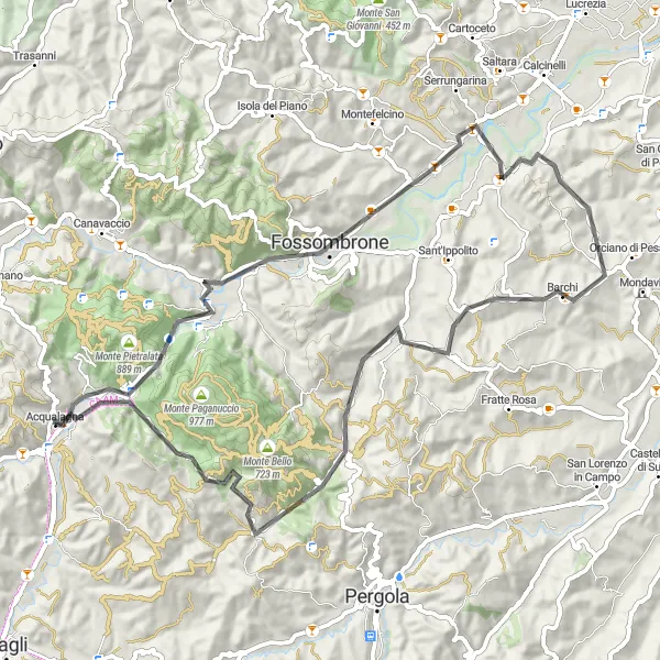 Miniatuurkaart van de fietsinspiratie "Route van Acqualagna naar Monte Carpegna" in Marche, Italy. Gemaakt door de Tarmacs.app fietsrouteplanner
