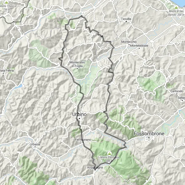 Map miniature of "Urbino and Furlo Gorge Challenge" cycling inspiration in Marche, Italy. Generated by Tarmacs.app cycling route planner