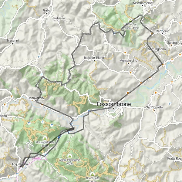 Miniatura della mappa di ispirazione al ciclismo "Galleria romana del Furlo Road Cycling Route" nella regione di Marche, Italy. Generata da Tarmacs.app, pianificatore di rotte ciclistiche