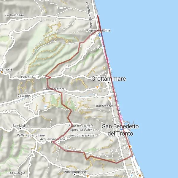 Miniatura della mappa di ispirazione al ciclismo "Giro in bici su sterrato da Acquaviva Picena" nella regione di Marche, Italy. Generata da Tarmacs.app, pianificatore di rotte ciclistiche