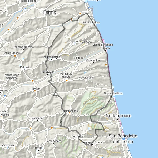Miniatura della mappa di ispirazione al ciclismo "Tour in bicicletta tra montagne e mare da Acquaviva Picena" nella regione di Marche, Italy. Generata da Tarmacs.app, pianificatore di rotte ciclistiche
