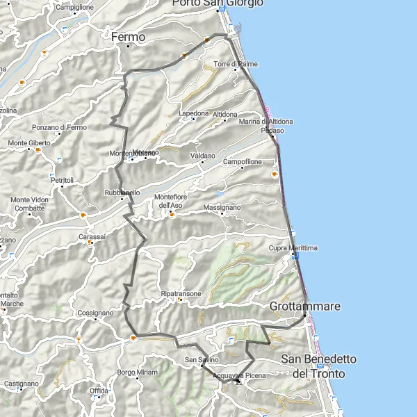 Karten-Miniaturansicht der Radinspiration "Monterubbiano und Cupra Marittima Hügel Rundtour" in Marche, Italy. Erstellt vom Tarmacs.app-Routenplaner für Radtouren