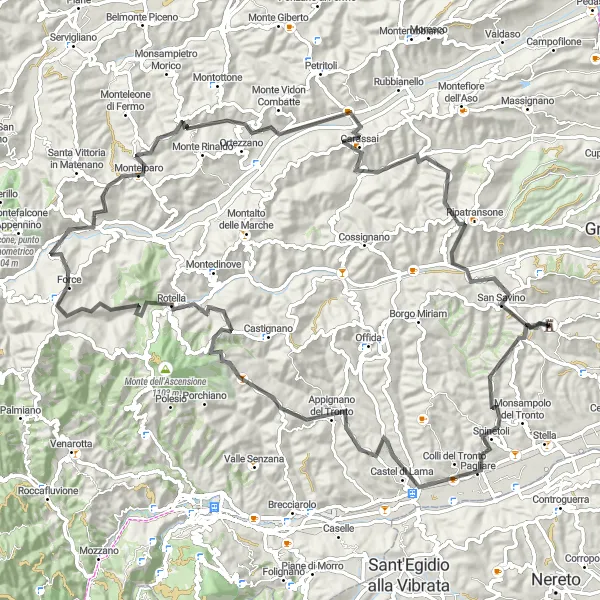 Map miniature of "Challenge the Great Climbs" cycling inspiration in Marche, Italy. Generated by Tarmacs.app cycling route planner