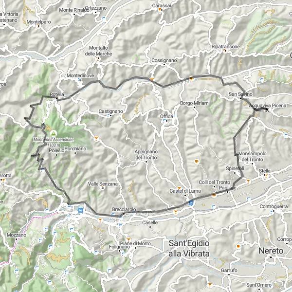 Miniatuurkaart van de fietsinspiratie "Avontuurlijke fietstocht van Ascoli Piceno naar Montedinove" in Marche, Italy. Gemaakt door de Tarmacs.app fietsrouteplanner