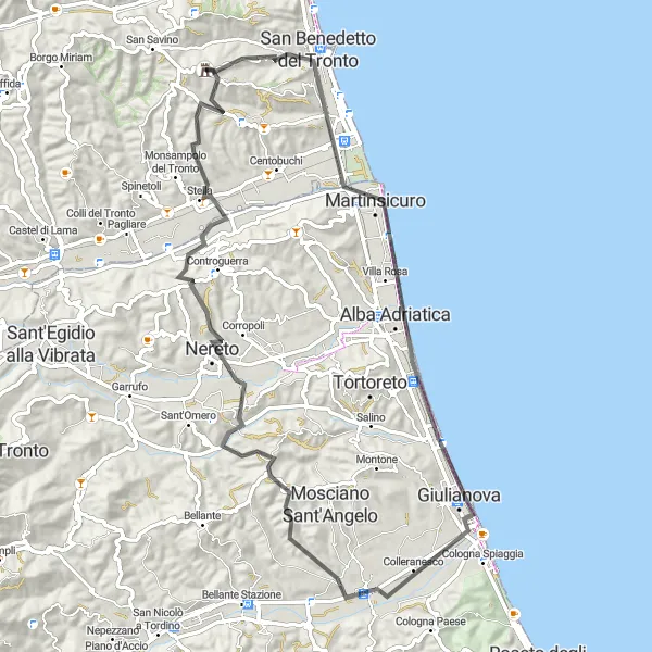 Miniatura della mappa di ispirazione al ciclismo "Tour in Bicicletta tra San Benedetto del Tronto e la Fortezza di Acquaviva Picena" nella regione di Marche, Italy. Generata da Tarmacs.app, pianificatore di rotte ciclistiche