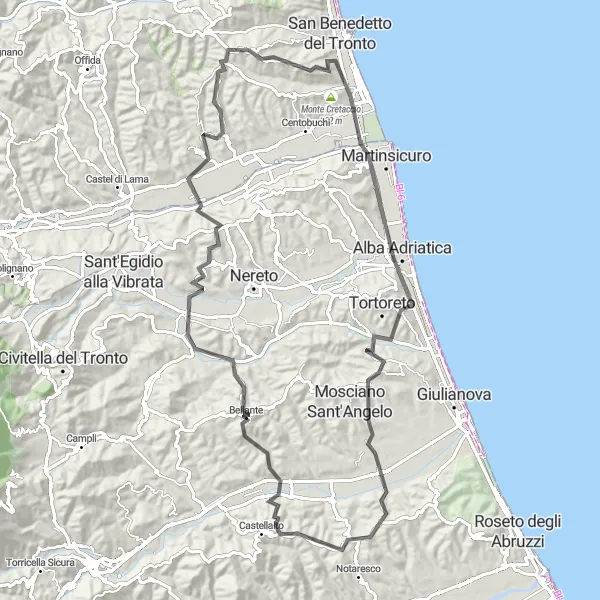 Karten-Miniaturansicht der Radinspiration "Erkunden Sie die Küste von Alba Adriatica nach Acquaviva Picena" in Marche, Italy. Erstellt vom Tarmacs.app-Routenplaner für Radtouren