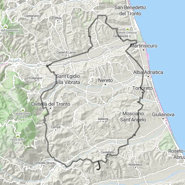 Miniature de la carte de l'inspiration cycliste "Aventure épique dans les montagnes de Teramo et Campovalano" dans la Marche, Italy. Générée par le planificateur d'itinéraire cycliste Tarmacs.app
