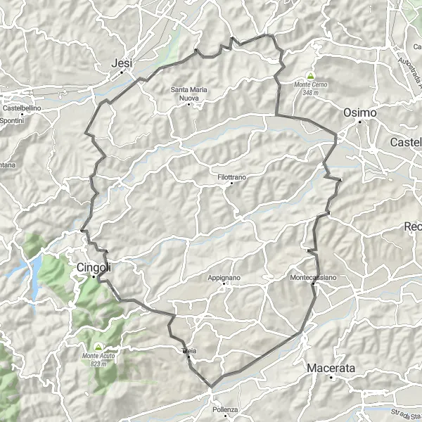 Map miniature of "Agugliano to Montefano Loop" cycling inspiration in Marche, Italy. Generated by Tarmacs.app cycling route planner