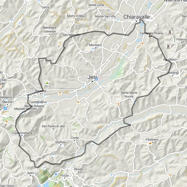 Miniature de la carte de l'inspiration cycliste "Boucle de la Vallée de Polverigi" dans la Marche, Italy. Générée par le planificateur d'itinéraire cycliste Tarmacs.app
