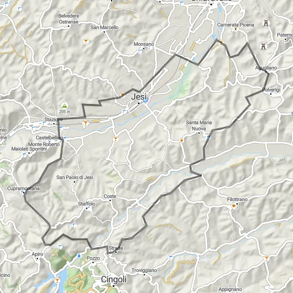 Map miniature of "Hills and Valleys" cycling inspiration in Marche, Italy. Generated by Tarmacs.app cycling route planner