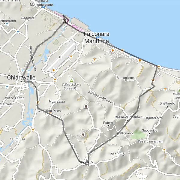 Map miniature of "Chiaravalle to Agugliano Loop" cycling inspiration in Marche, Italy. Generated by Tarmacs.app cycling route planner