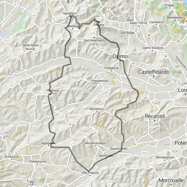 Miniature de la carte de l'inspiration cycliste "Boucle de route via Agugliano, Gòmero et Filottrano" dans la Marche, Italy. Générée par le planificateur d'itinéraire cycliste Tarmacs.app