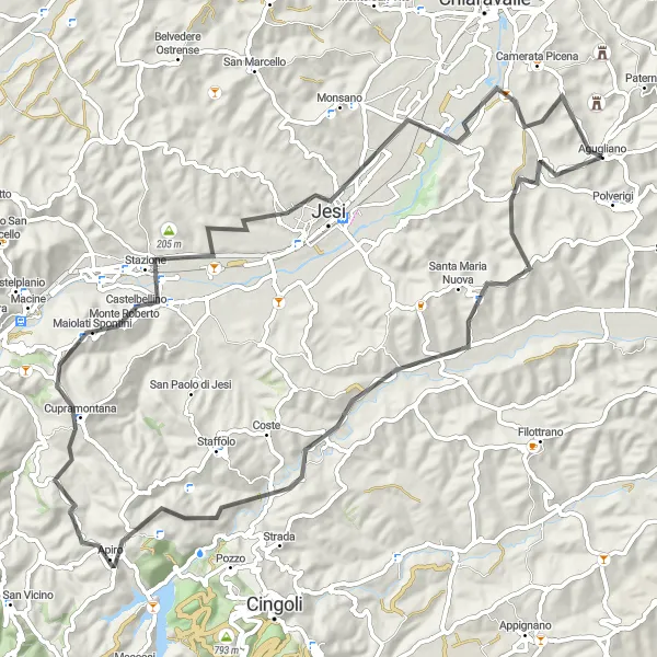 Miniatura della mappa di ispirazione al ciclismo "Apiro - Agugliano" nella regione di Marche, Italy. Generata da Tarmacs.app, pianificatore di rotte ciclistiche