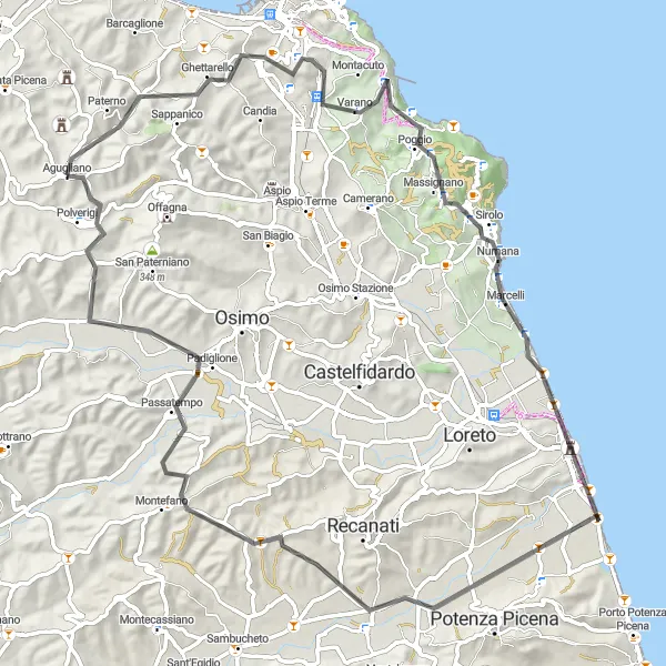Miniatuurkaart van de fietsinspiratie "Heuvelachtige weg naar de kust" in Marche, Italy. Gemaakt door de Tarmacs.app fietsrouteplanner