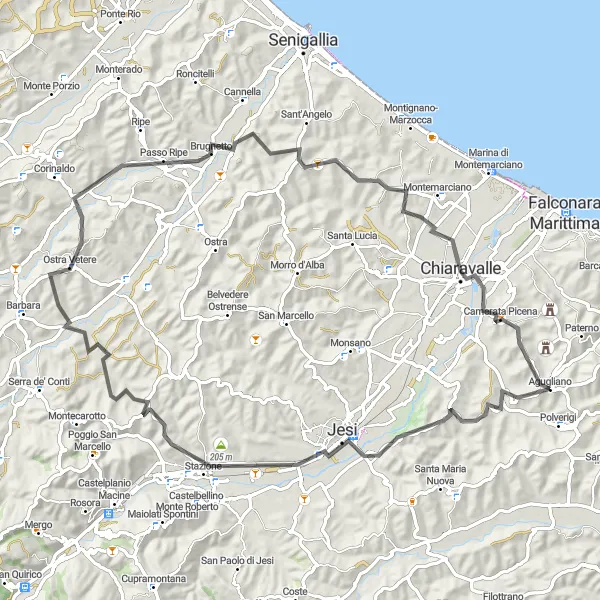 Miniatura della mappa di ispirazione al ciclismo "Ostra Vetere - Agugliano" nella regione di Marche, Italy. Generata da Tarmacs.app, pianificatore di rotte ciclistiche