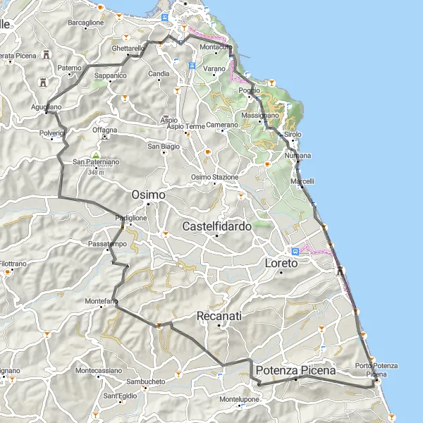 Miniatura della mappa di ispirazione al ciclismo "Monte Larciano - Agugliano" nella regione di Marche, Italy. Generata da Tarmacs.app, pianificatore di rotte ciclistiche