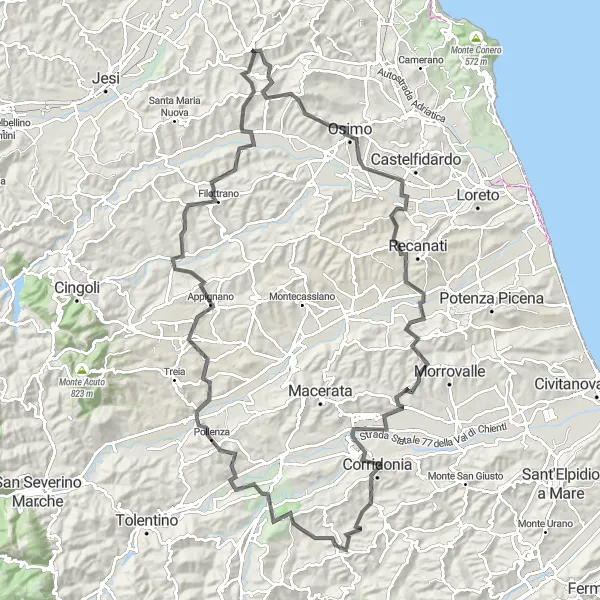 Miniatura della mappa di ispirazione al ciclismo "Giro panoramico attraverso le colline marchigiane" nella regione di Marche, Italy. Generata da Tarmacs.app, pianificatore di rotte ciclistiche