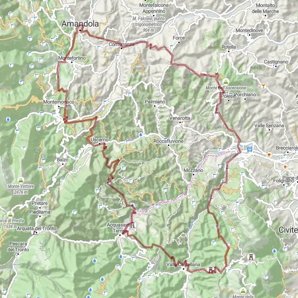 Miniatura della mappa di ispirazione al ciclismo "Percorso in bicicletta gravel tra Comunanza e Monte Poggiovalle" nella regione di Marche, Italy. Generata da Tarmacs.app, pianificatore di rotte ciclistiche
