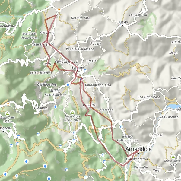 Miniatura della mappa di ispirazione al ciclismo "Esplorazione Gravel tra Sarnano e Colle Turcio" nella regione di Marche, Italy. Generata da Tarmacs.app, pianificatore di rotte ciclistiche