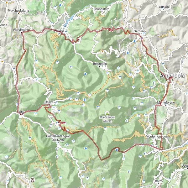 Map miniature of "Montefortino Explorations" cycling inspiration in Marche, Italy. Generated by Tarmacs.app cycling route planner