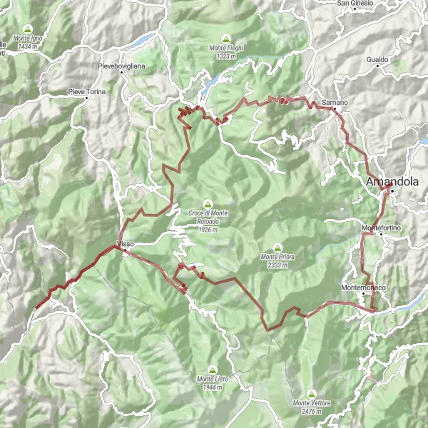Map miniature of "Monte Farneto Gravel Epic" cycling inspiration in Marche, Italy. Generated by Tarmacs.app cycling route planner