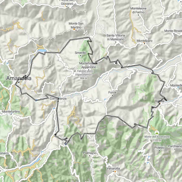 Miniatura della mappa di ispirazione al ciclismo "Giro in bicicletta da Amandola a Rotella" nella regione di Marche, Italy. Generata da Tarmacs.app, pianificatore di rotte ciclistiche