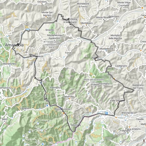 Miniature de la carte de l'inspiration cycliste "La boucle d'Amandola vers Rotella et Monte Farneto" dans la Marche, Italy. Générée par le planificateur d'itinéraire cycliste Tarmacs.app