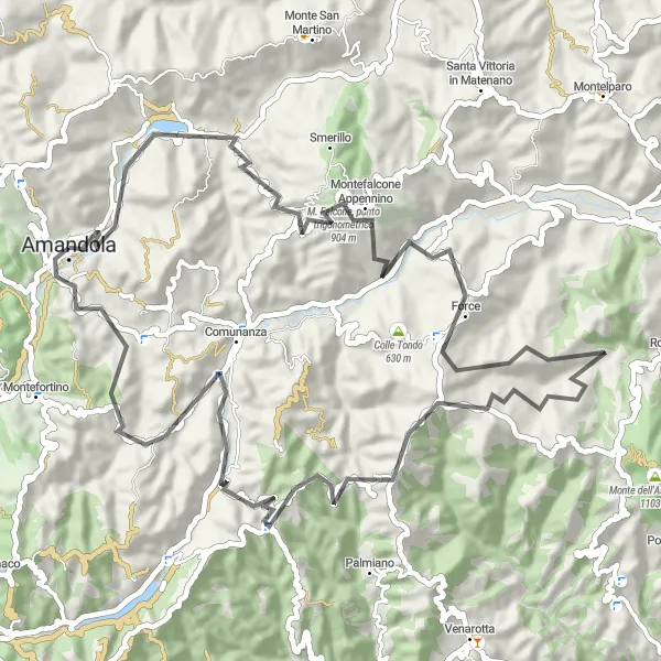 Map miniature of "Montefalcone Appennino Road Adventure" cycling inspiration in Marche, Italy. Generated by Tarmacs.app cycling route planner