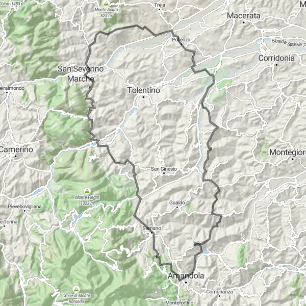 Miniatura della mappa di ispirazione al ciclismo "Tour su Strada tra Sarnano e Coriconi" nella regione di Marche, Italy. Generata da Tarmacs.app, pianificatore di rotte ciclistiche