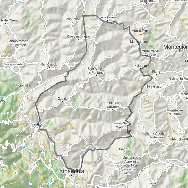 Miniatura della mappa di ispirazione al ciclismo "Giro in bicicletta da Amandola a Coriconi" nella regione di Marche, Italy. Generata da Tarmacs.app, pianificatore di rotte ciclistiche