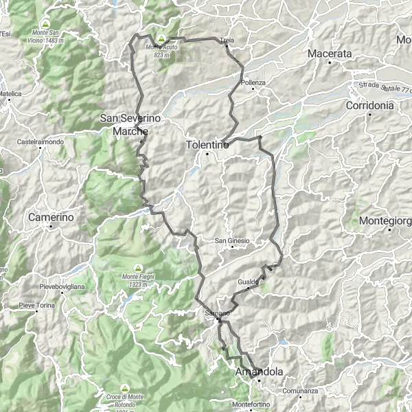 Map miniature of "The Majestic Mountains" cycling inspiration in Marche, Italy. Generated by Tarmacs.app cycling route planner