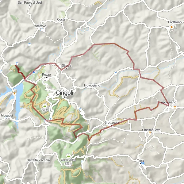 Map miniature of "Off-Road Adventure to Monte di S. Angelo" cycling inspiration in Marche, Italy. Generated by Tarmacs.app cycling route planner