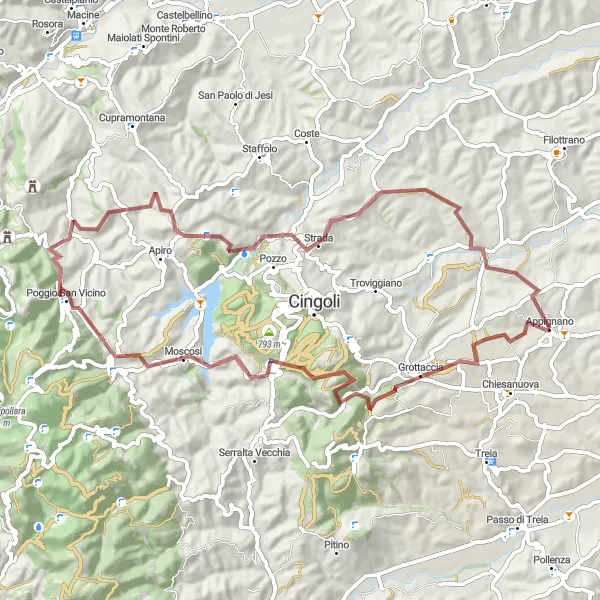 Map miniature of "Scenic Gravel Route to Poggio San Vicino" cycling inspiration in Marche, Italy. Generated by Tarmacs.app cycling route planner