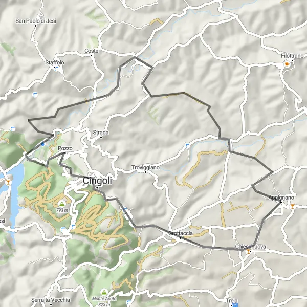 Miniature de la carte de l'inspiration cycliste "Escapade Campagnarde et Côtière" dans la Marche, Italy. Générée par le planificateur d'itinéraire cycliste Tarmacs.app
