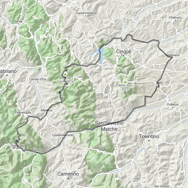 Miniatura mapy "Długotrwała przejażdżka z Appignano na Monte Mondubbio" - trasy rowerowej w Marche, Italy. Wygenerowane przez planer tras rowerowych Tarmacs.app