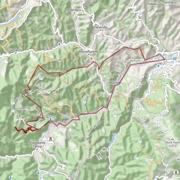 Miniatura della mappa di ispirazione al ciclismo "Giro in Gravel attraverso i Monti Sibillini" nella regione di Marche, Italy. Generata da Tarmacs.app, pianificatore di rotte ciclistiche