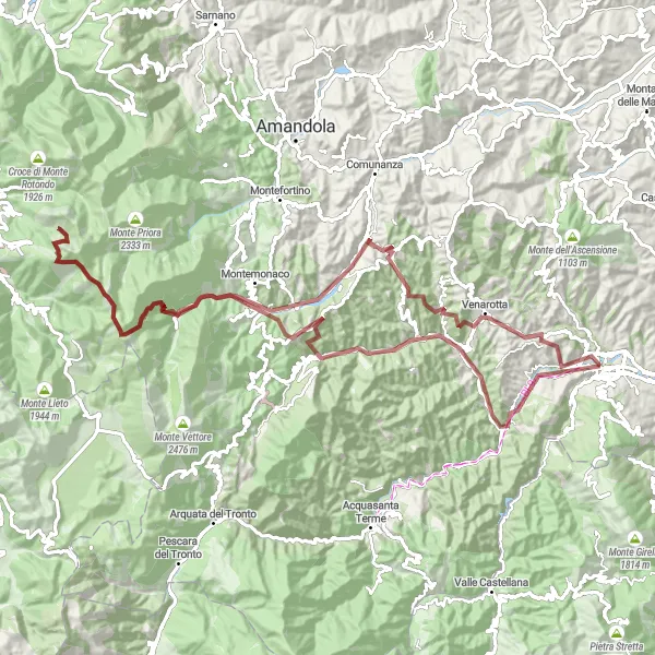 Map miniature of "Challenging Gravel Route: Ascoli Piceno to Monte San Martino" cycling inspiration in Marche, Italy. Generated by Tarmacs.app cycling route planner