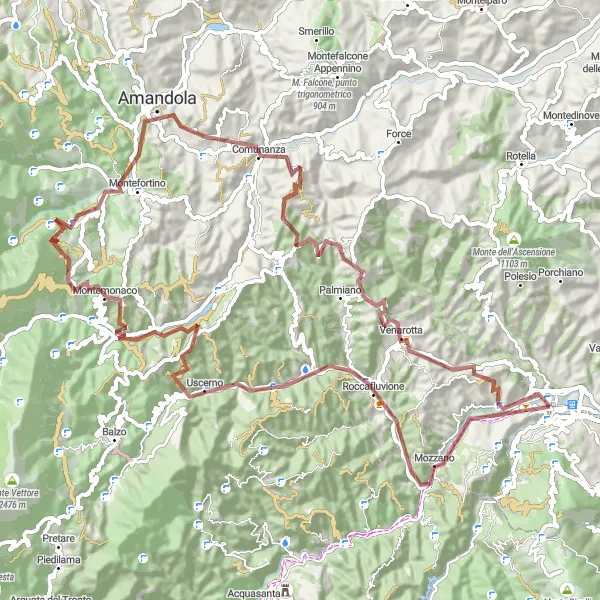 Miniatura della mappa di ispirazione al ciclismo "Esplorazione in gravèl con 2595m di dislivello e 94km da Ascoli Piceno" nella regione di Marche, Italy. Generata da Tarmacs.app, pianificatore di rotte ciclistiche