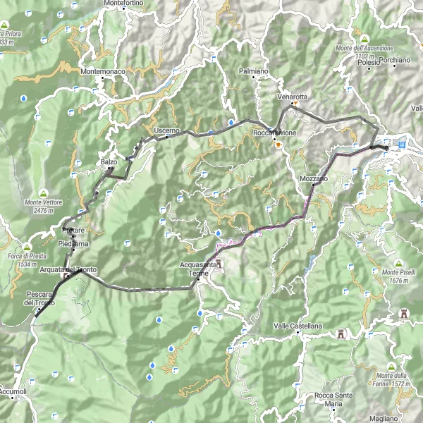 Map miniature of "Hilltop Delights: Arquata del Tronto" cycling inspiration in Marche, Italy. Generated by Tarmacs.app cycling route planner